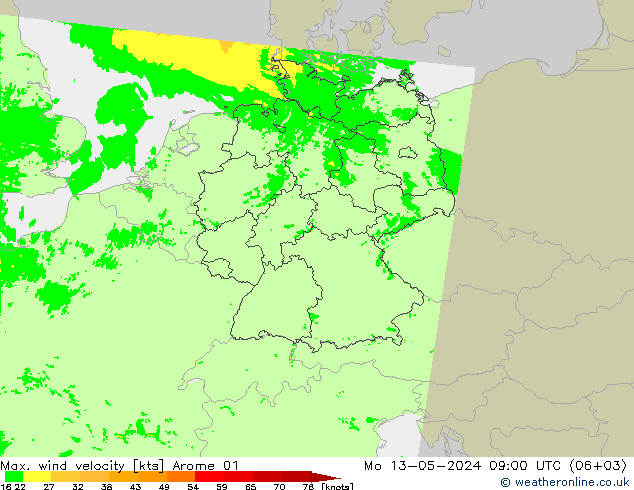 Max. wind velocity Arome 01 星期一 13.05.2024 09 UTC