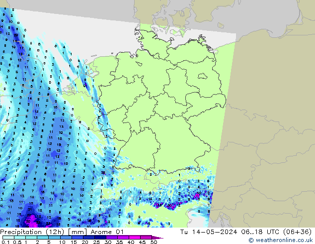 Precipitation (12h) Arome 01 Tu 14.05.2024 18 UTC