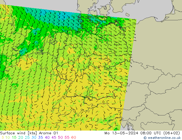 Surface wind Arome 01 Mo 13.05.2024 08 UTC