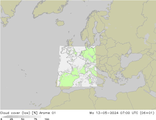 nízká oblaka Arome 01 Po 13.05.2024 07 UTC