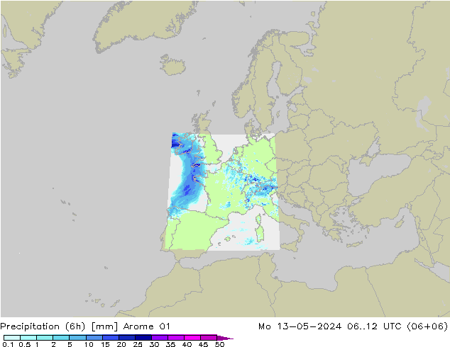Totale neerslag (6h) Arome 01 ma 13.05.2024 12 UTC