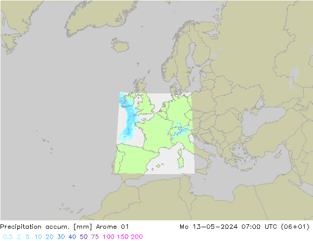 Precipitation accum. Arome 01 星期一 13.05.2024 07 UTC
