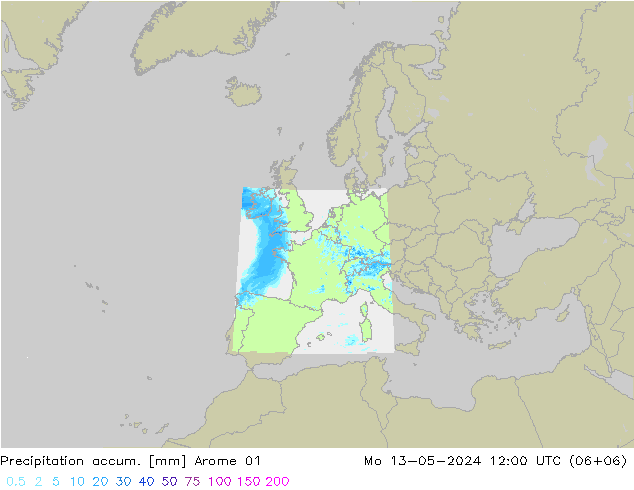 Precipitation accum. Arome 01 星期一 13.05.2024 12 UTC