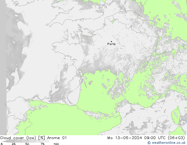 Wolken (tief) Arome 01 Mo 13.05.2024 09 UTC