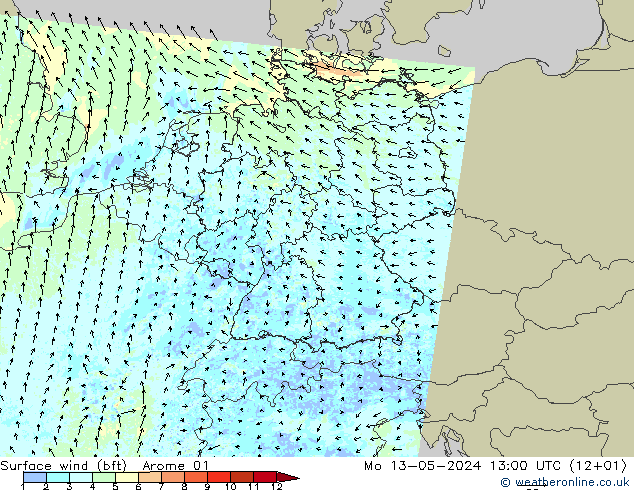 Wind 10 m (bft) Arome 01 ma 13.05.2024 13 UTC
