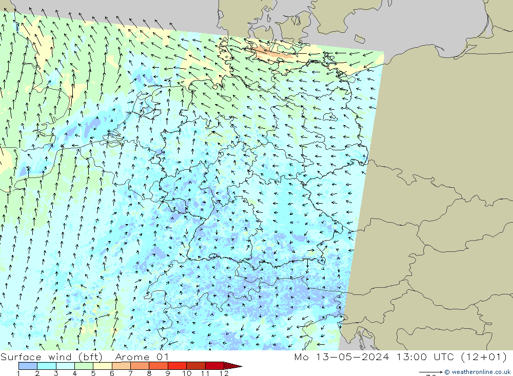 Surface wind (bft) Arome 01 Mo 13.05.2024 13 UTC