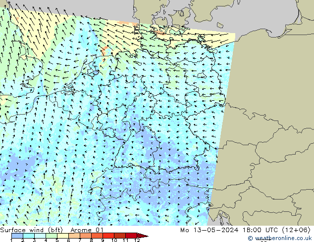 Wind 10 m (bft) Arome 01 ma 13.05.2024 18 UTC