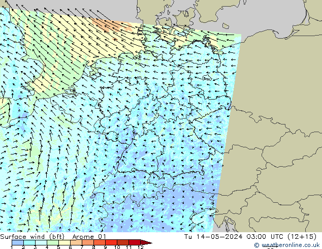 Surface wind (bft) Arome 01 Út 14.05.2024 03 UTC