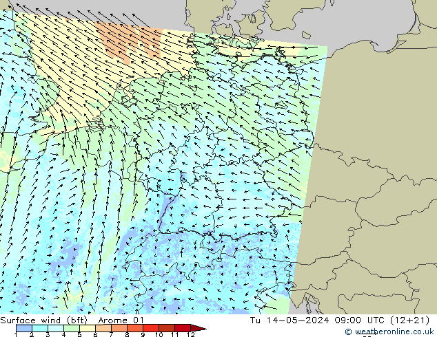 Wind 10 m (bft) Arome 01 di 14.05.2024 09 UTC