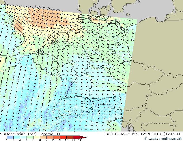 Wind 10 m (bft) Arome 01 di 14.05.2024 12 UTC