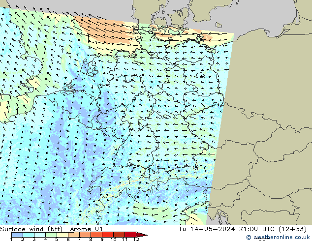 Wind 10 m (bft) Arome 01 di 14.05.2024 21 UTC
