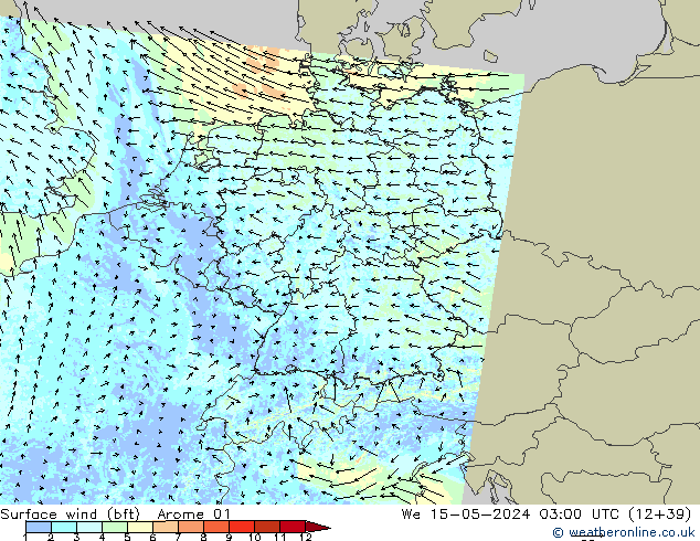 Surface wind (bft) Arome 01 We 15.05.2024 03 UTC