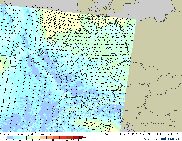 Surface wind (bft) Arome 01 We 15.05.2024 06 UTC
