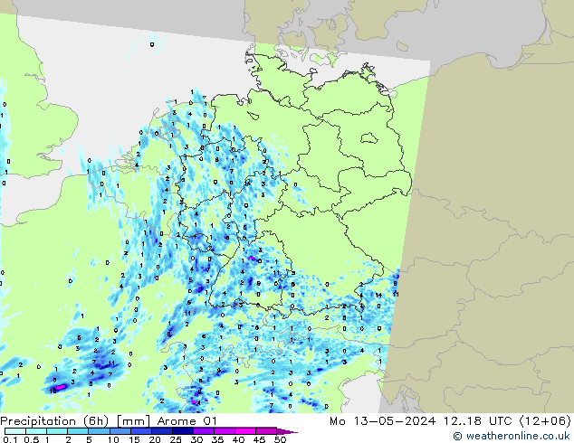 降水量 (6h) Arome 01 星期一 13.05.2024 18 UTC