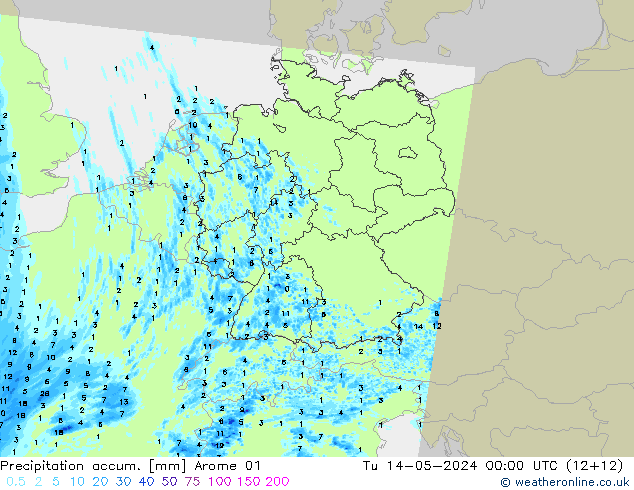 Totale neerslag Arome 01 di 14.05.2024 00 UTC