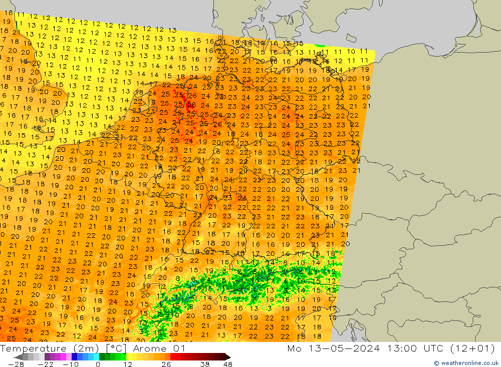 карта температуры Arome 01 пн 13.05.2024 13 UTC