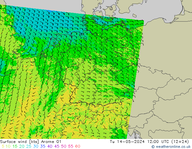 Surface wind Arome 01 Út 14.05.2024 12 UTC