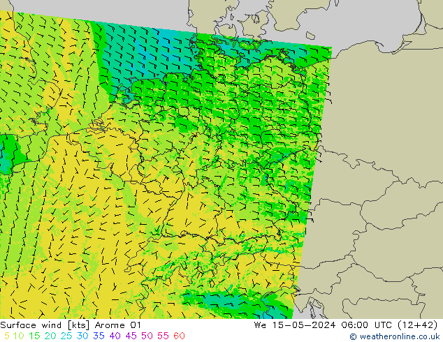 Wind 10 m Arome 01 wo 15.05.2024 06 UTC