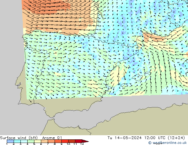 Surface wind (bft) Arome 01 Tu 14.05.2024 12 UTC