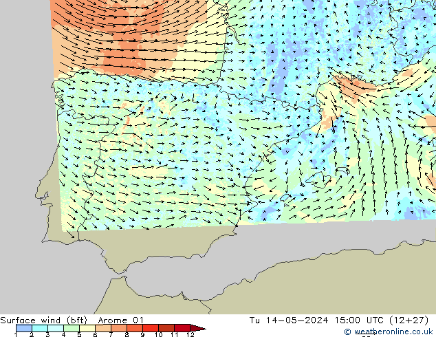 Surface wind (bft) Arome 01 Út 14.05.2024 15 UTC
