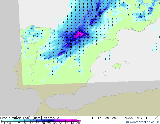 Precipitação (6h) Arome 01 Ter 14.05.2024 00 UTC