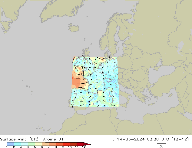 Vento 10 m (bft) Arome 01 Ter 14.05.2024 00 UTC