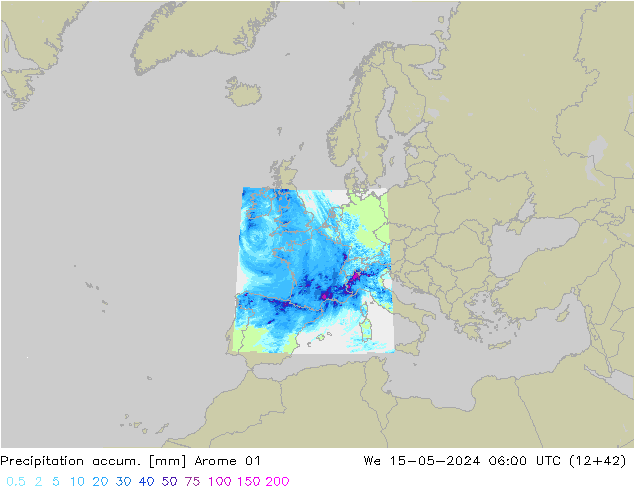 Precipitation accum. Arome 01 We 15.05.2024 06 UTC
