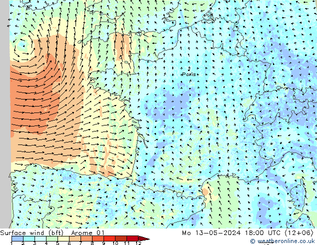 Surface wind (bft) Arome 01 Po 13.05.2024 18 UTC