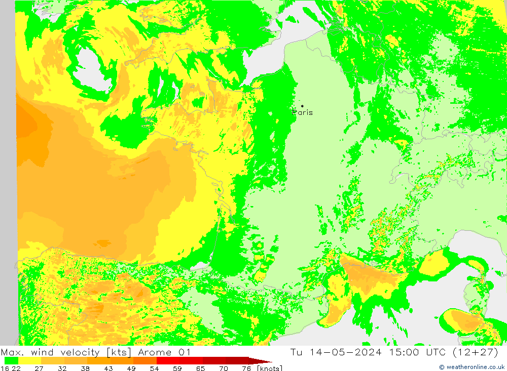 Max. wind velocity Arome 01 mar 14.05.2024 15 UTC