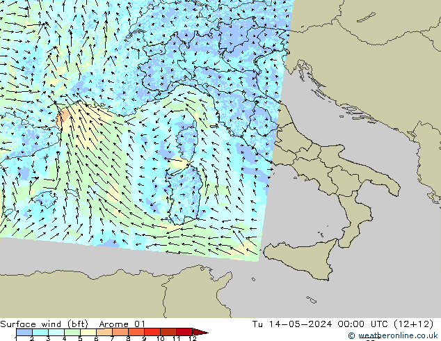 Surface wind (bft) Arome 01 Út 14.05.2024 00 UTC