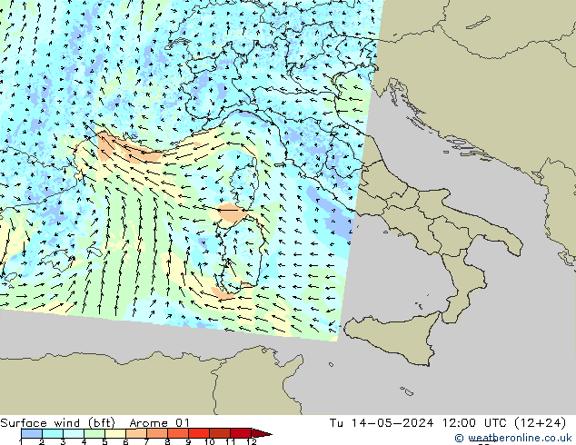 Vento 10 m (bft) Arome 01 Ter 14.05.2024 12 UTC