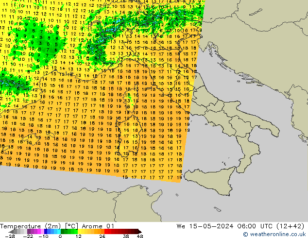 Temperatuurkaart (2m) Arome 01 wo 15.05.2024 06 UTC