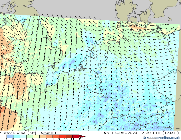 Wind 10 m (bft) Arome 01 ma 13.05.2024 13 UTC