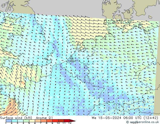 Wind 10 m (bft) Arome 01 wo 15.05.2024 06 UTC