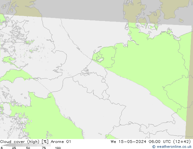 Cloud cover (high) Arome 01 We 15.05.2024 06 UTC