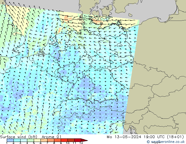 Wind 10 m (bft) Arome 01 ma 13.05.2024 19 UTC