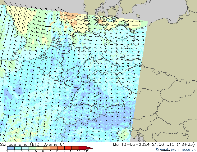 Surface wind (bft) Arome 01 Mo 13.05.2024 21 UTC
