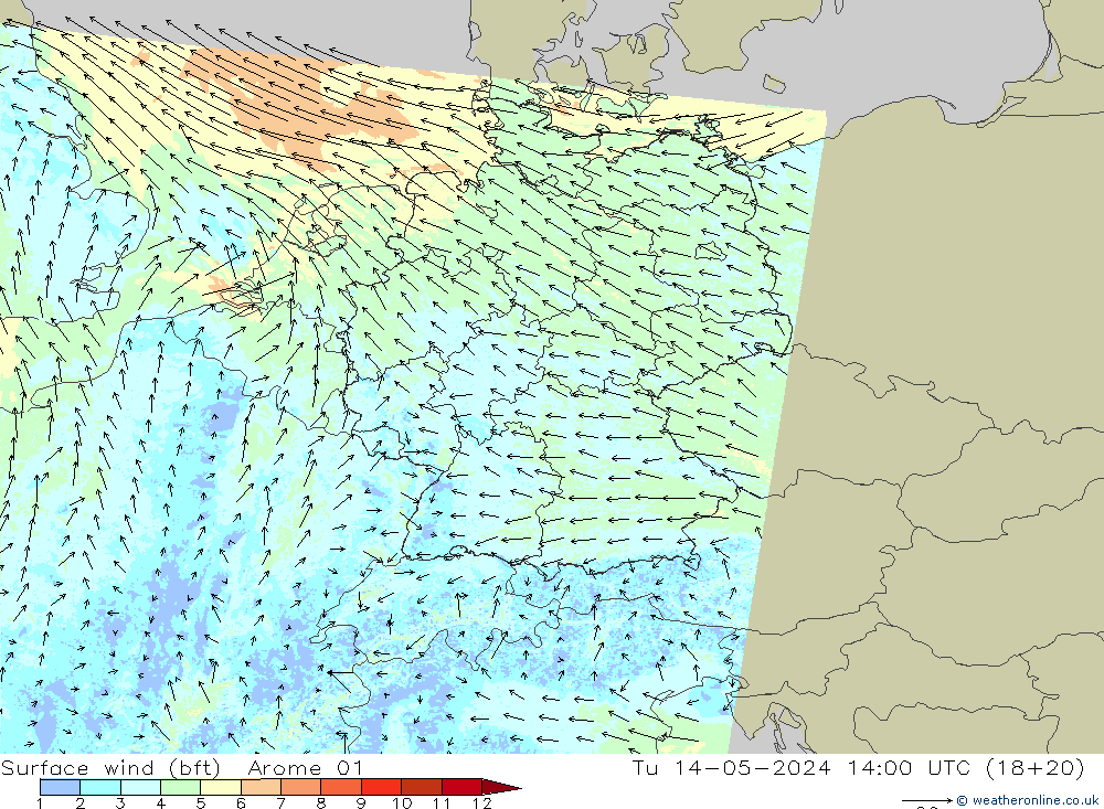 wiatr 10 m (bft) Arome 01 wto. 14.05.2024 14 UTC