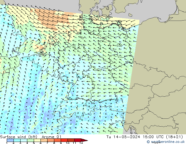 Surface wind (bft) Arome 01 Tu 14.05.2024 15 UTC