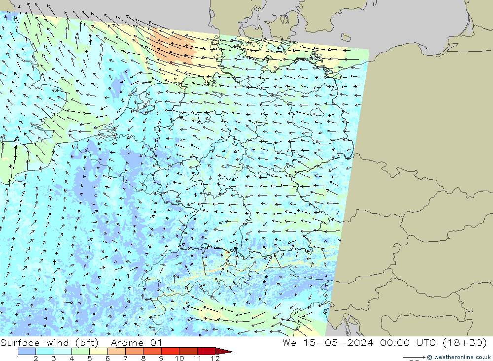 Surface wind (bft) Arome 01 We 15.05.2024 00 UTC