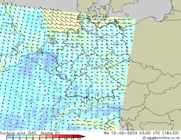 Surface wind (bft) Arome 01 St 15.05.2024 03 UTC