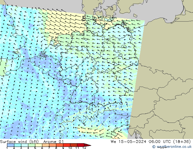 wiatr 10 m (bft) Arome 01 śro. 15.05.2024 06 UTC