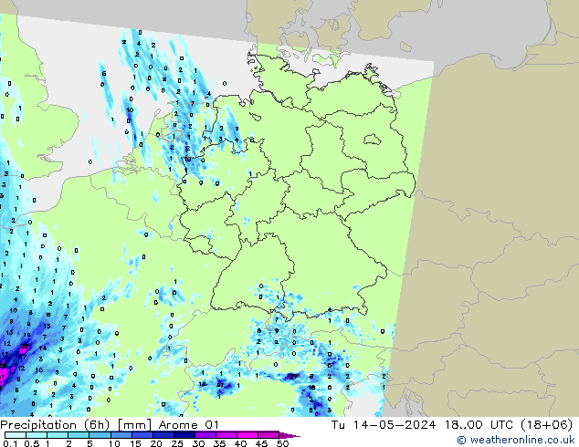 Precipitation (6h) Arome 01 Tu 14.05.2024 00 UTC
