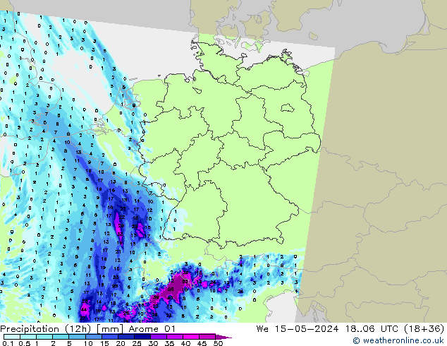 Precipitation (12h) Arome 01 We 15.05.2024 06 UTC