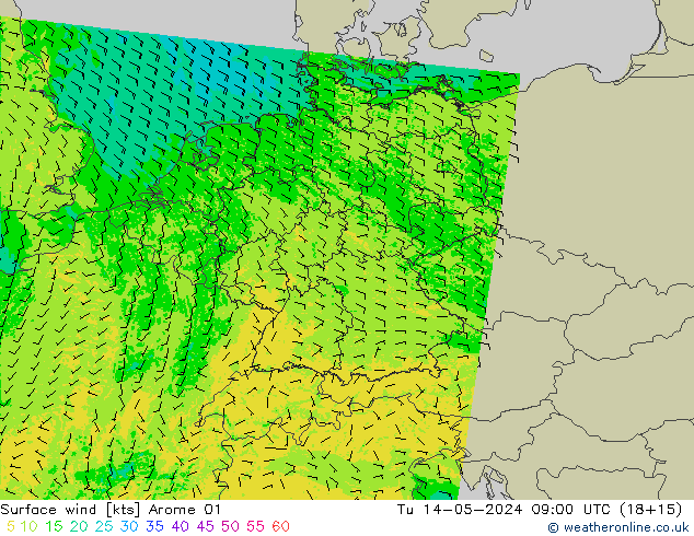 Surface wind Arome 01 Út 14.05.2024 09 UTC