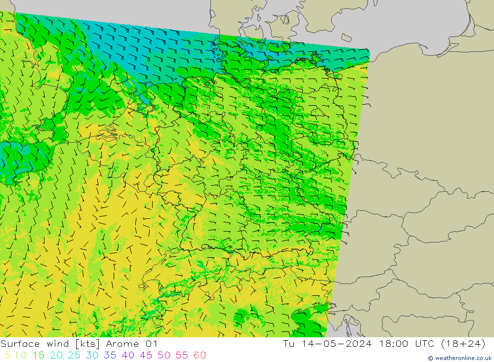 Viento 10 m Arome 01 mar 14.05.2024 18 UTC