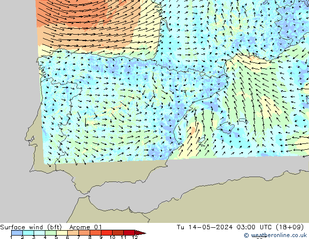 Wind 10 m (bft) Arome 01 di 14.05.2024 03 UTC
