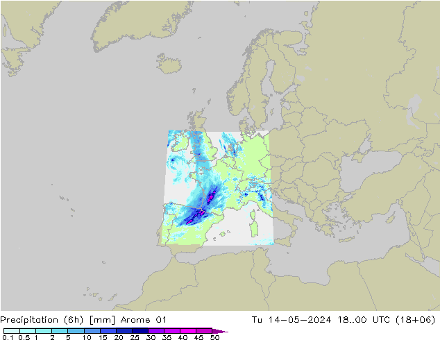 Precipitation (6h) Arome 01 Tu 14.05.2024 00 UTC