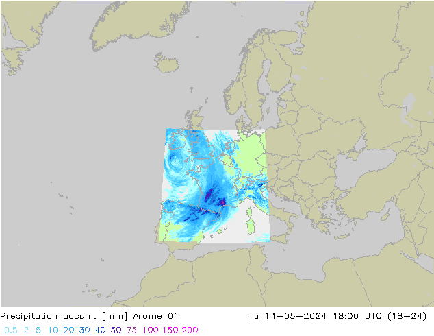 Precipitation accum. Arome 01 星期二 14.05.2024 18 UTC