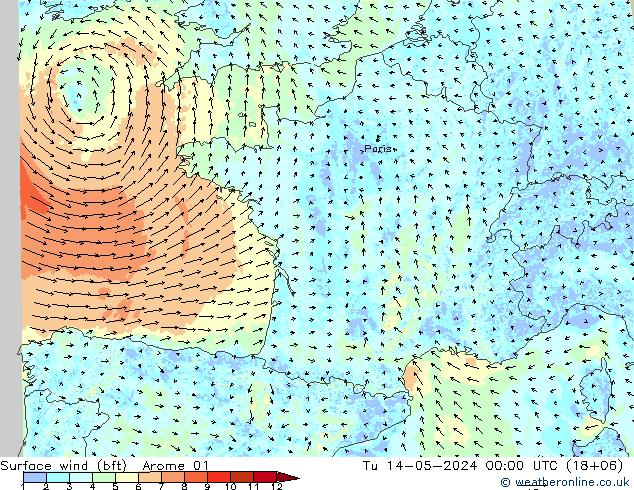 Surface wind (bft) Arome 01 Út 14.05.2024 00 UTC